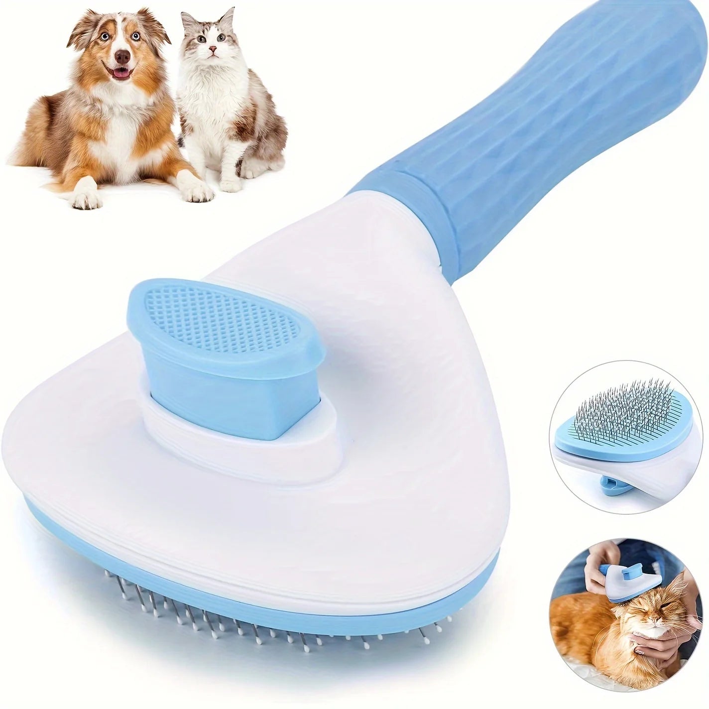Pet Grooming Brush with One-Click Hair Removal - Cat and Dog Massage Comb with Detachable Stainless Steel Bristles - Plastic Han