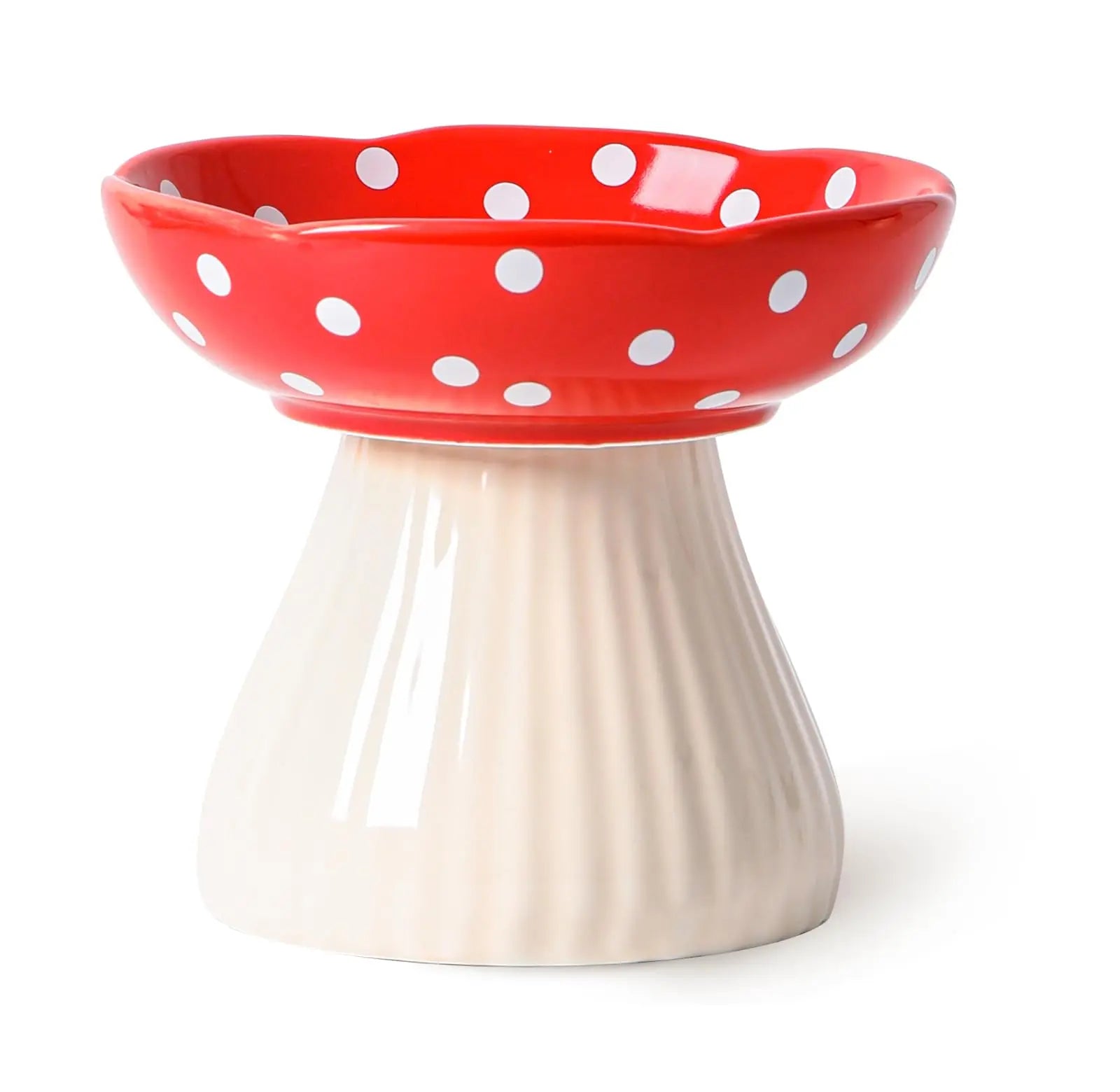 Mushroom Raised Cat Bowl, Cute Polka Dot Safety Ceramic Elevated Cat Bowl. Food Water Bowls for Cat, Small Dog. (Red)