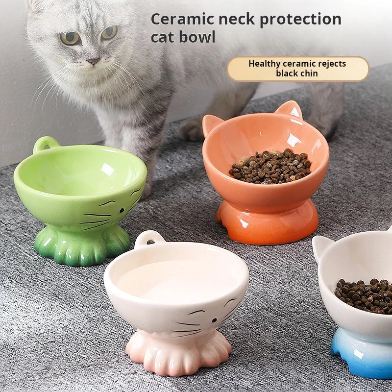 Tall cat bowl, cat food bowl ceramic dog bowl, kitten drinking water oblique rice bowl food bowl, anti overturning